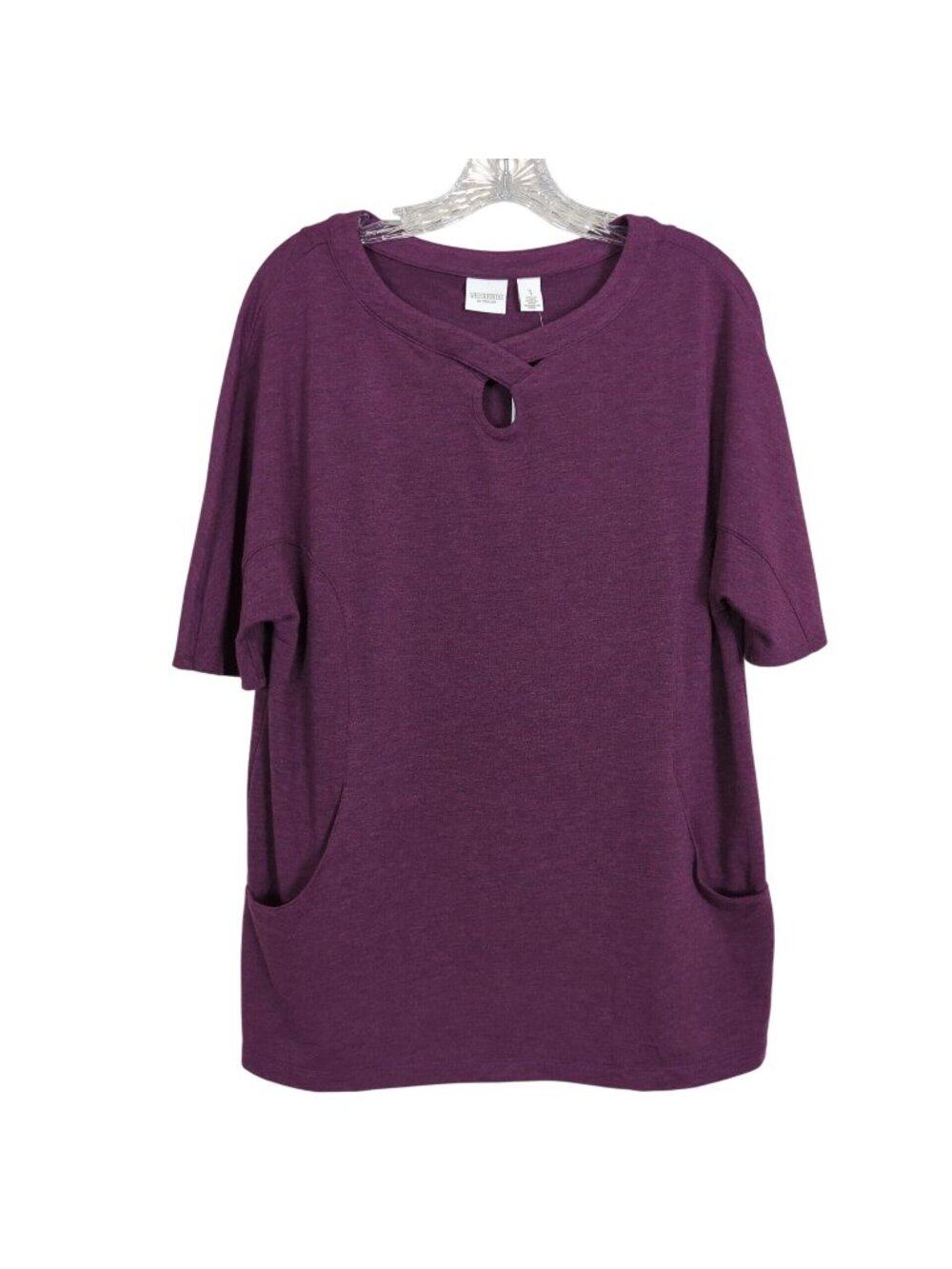 Chico's Purple Tunic Top Size L Short Sleeve Keyhole Neckline Side Pockets
